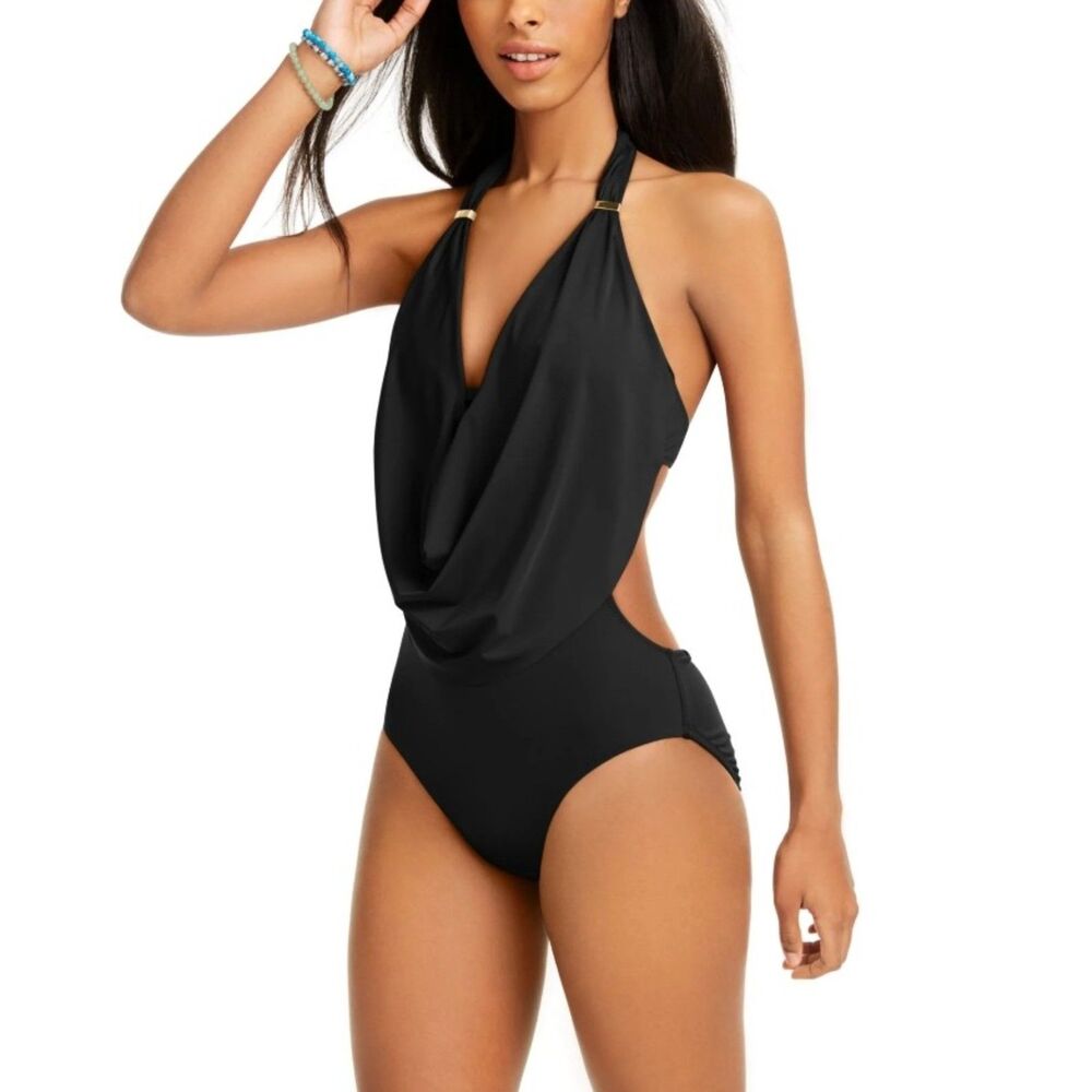 Bar III - Black Cowl Halter Neck One Piece Swimsuit (NWT) - Size M